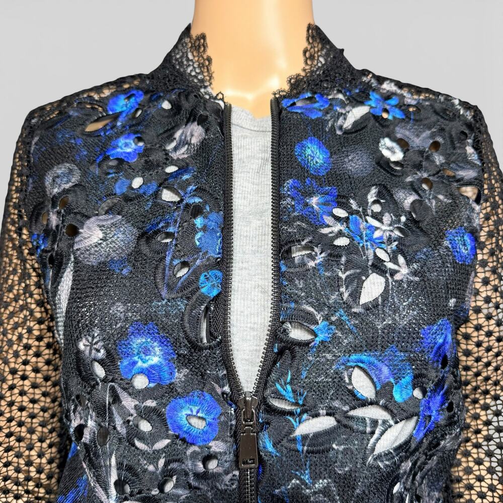 Elie Tahari Womens Brandy Floral Lace Bomber Jacket Sheer Black Blue XS - Picture 4 of 13
